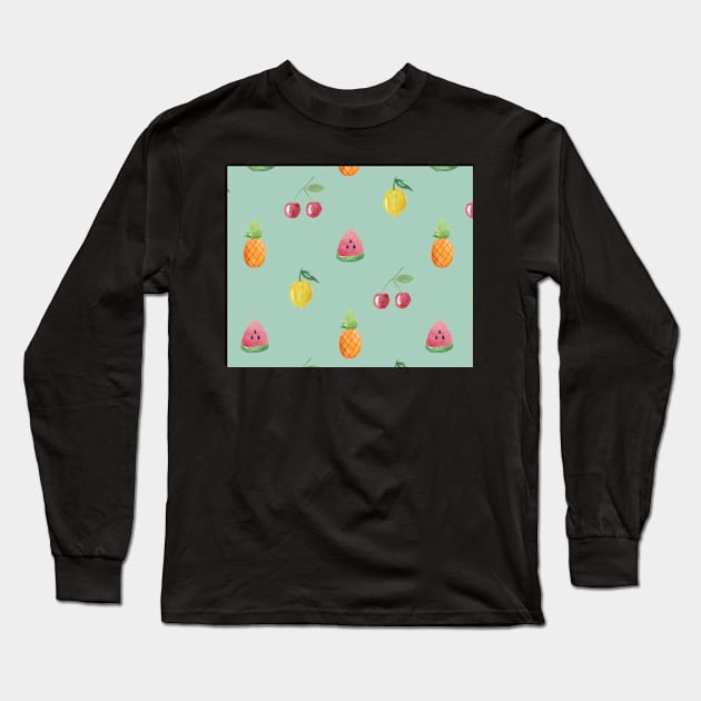 Turquoise Watercolor Fruit Pattern Long Sleeve T-Shirt by julidoesart